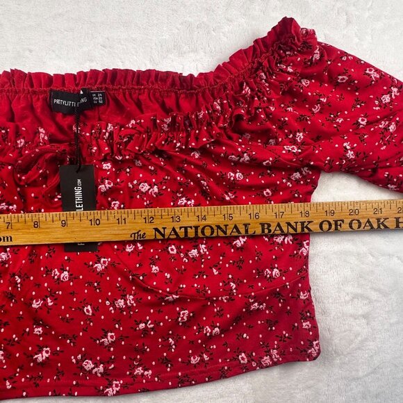 Pretty Little Thing Womens Off-shoulder Red Floral Ruffle Ruched Front Top Sz 20 - Picture 4 of 8